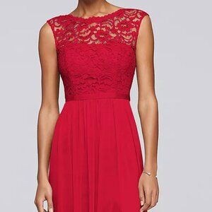 David's Bridal Lace Dress with Long Mesh Skirt Bridesmaid Dress Reddish Color